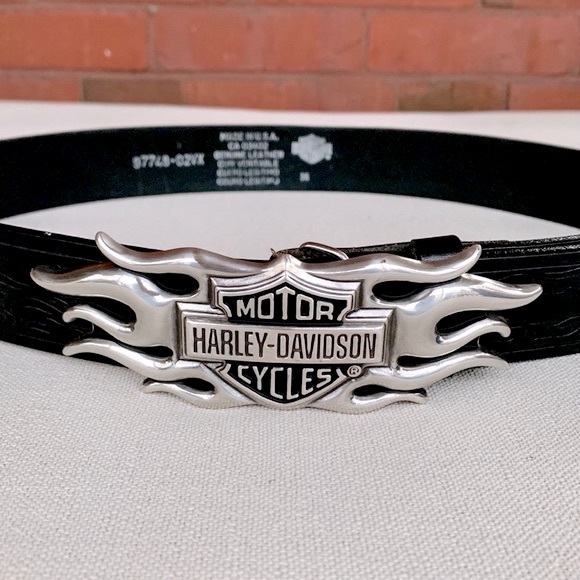HARLEY-DAVIDSON Flame Tooled Black Leather Belt & Belt Buckle Size 36 - Picture 9 of 16